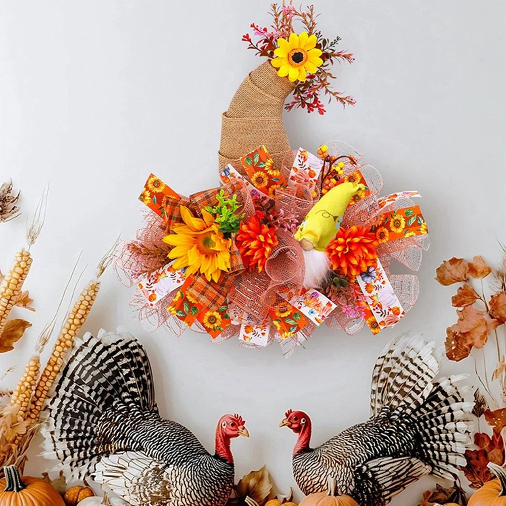 Hat Patterned Thanksgiving Halloween Autumn Mesh Doll Wreath Door Hanging Simulation Sunflower Decoration Prop