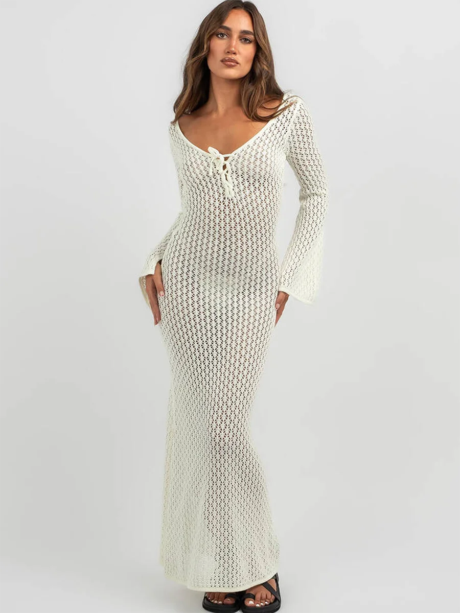 Women s Long  Fit Dress Long Sleeve V Neck Tie Up Knitted Crochet Beach Dresses