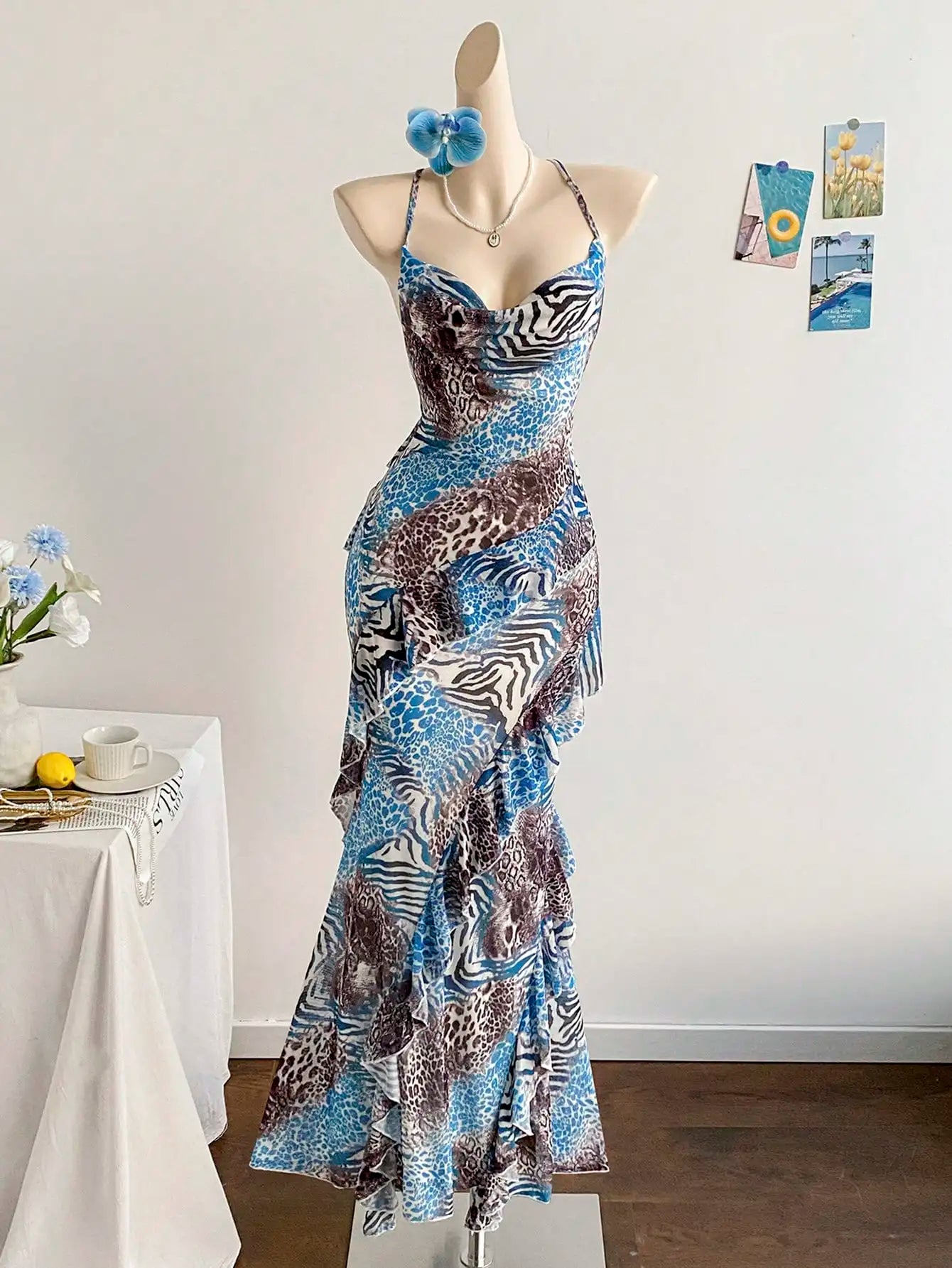 Soleia Women's Colorful Vintage Floral Print Draped Neck Layered Ruffle Hem Maxi Dress, Vacation Style Elegant Dress Women,