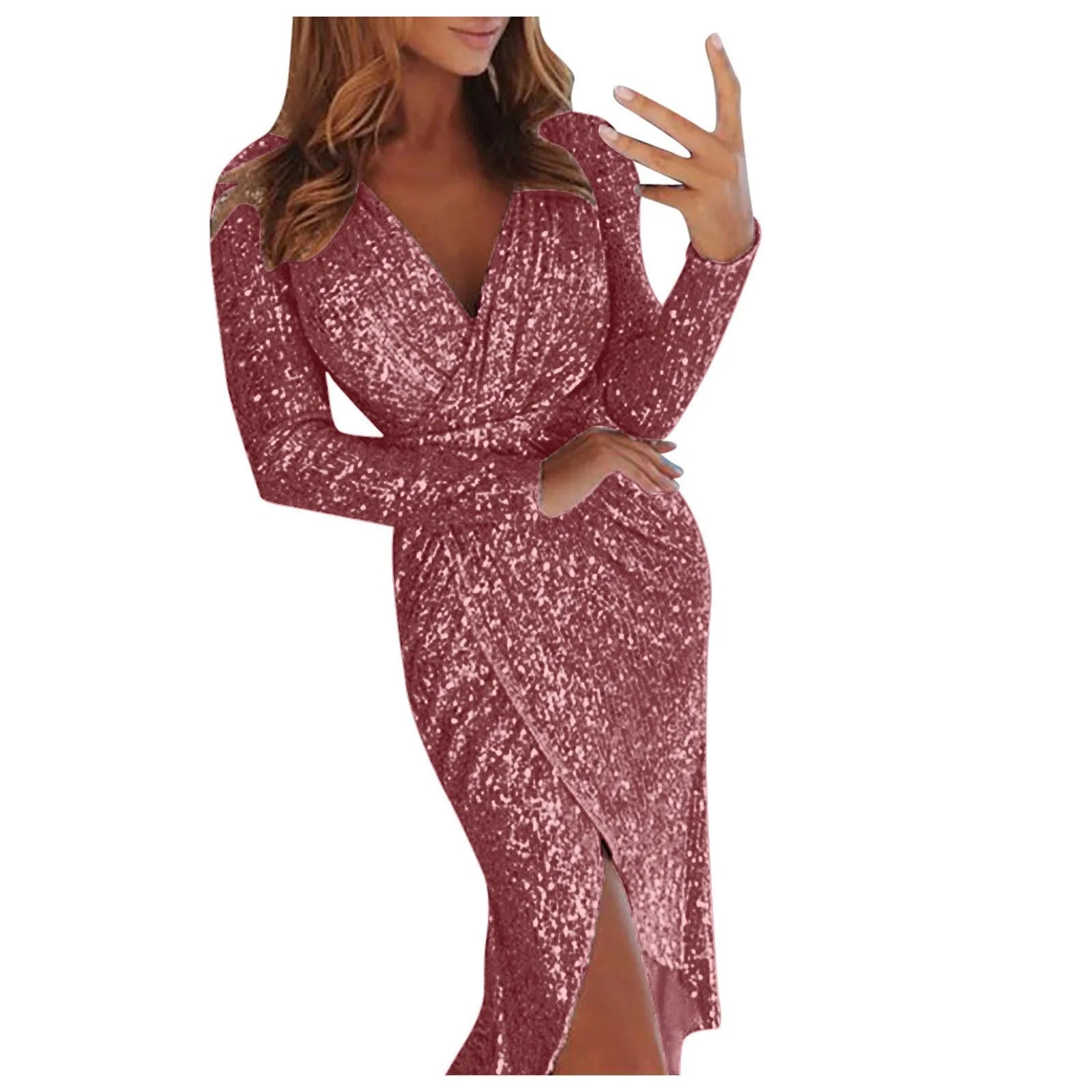 Top Selling  Dresses For Women 2024 Plus Size Deep V Sequins Wrap Ruched Long Sleeve Nightclub Dress Vestidos Para Mujer