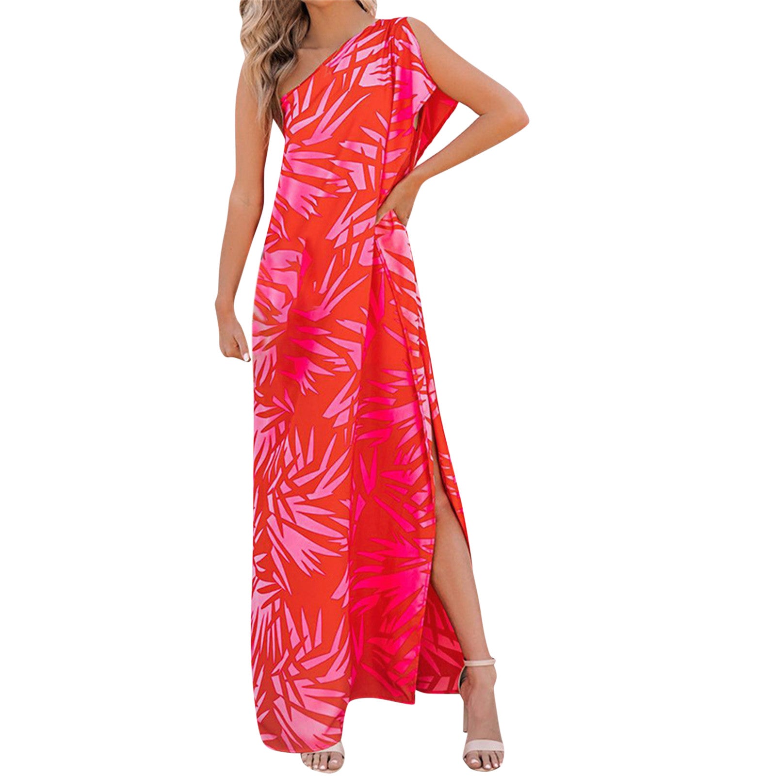 Tropical Printing Women Maxi Dress Summer Elegant One Shoulder Sleeveless Slit Long Party Evening Dress Lady Boho Sundress Robe