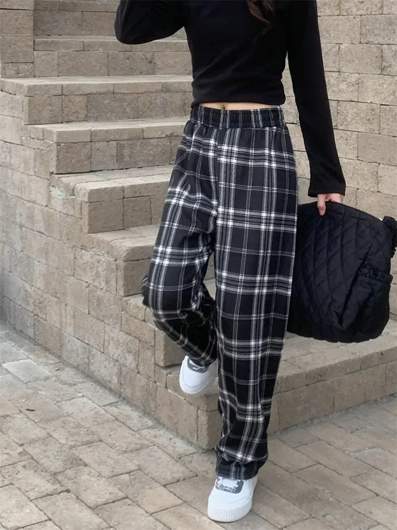 2025 Fashion Warm Plush Pants Cashmere Thick Plaid Ladies Winter Casual Loose Wide-legged Pants Korean Streetwear Students