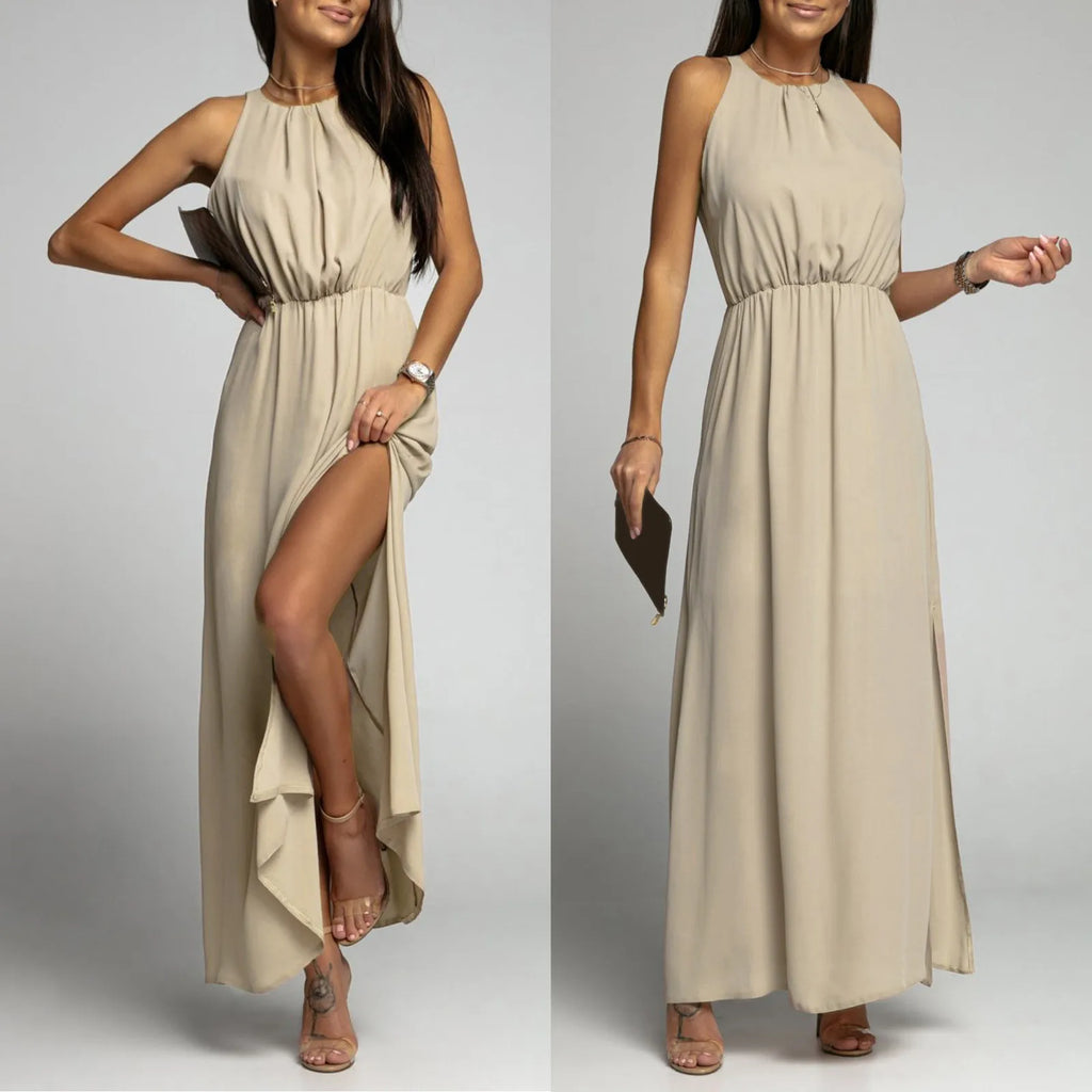 Women's Dressy Casual Long Dress Solid Color Sleeveless High Round Neck Side Slit Full-Length Dress Elegant Simple Party Dress