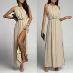 Women's Dressy Casual Long Dress Solid Color Sleeveless High Round Neck Side Slit Full-Length Dress Elegant Simple Party Dress