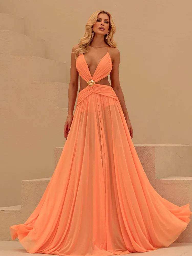 Sexy Hollow Out Bikini Long Dress Mesh Backless Lace Up Sleeveless Female Dresses 2025 Summer Lady A-line Pleat Robe Beach