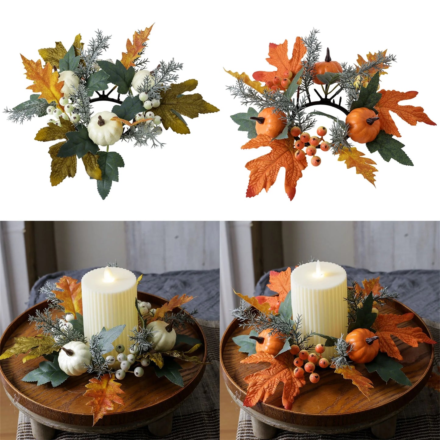 Fall Harvest Pumpkin Maple Leaf Candle Ring Wreath for Thanksgiving Farmhouse Table Centerpiece Decorations and Festival Display