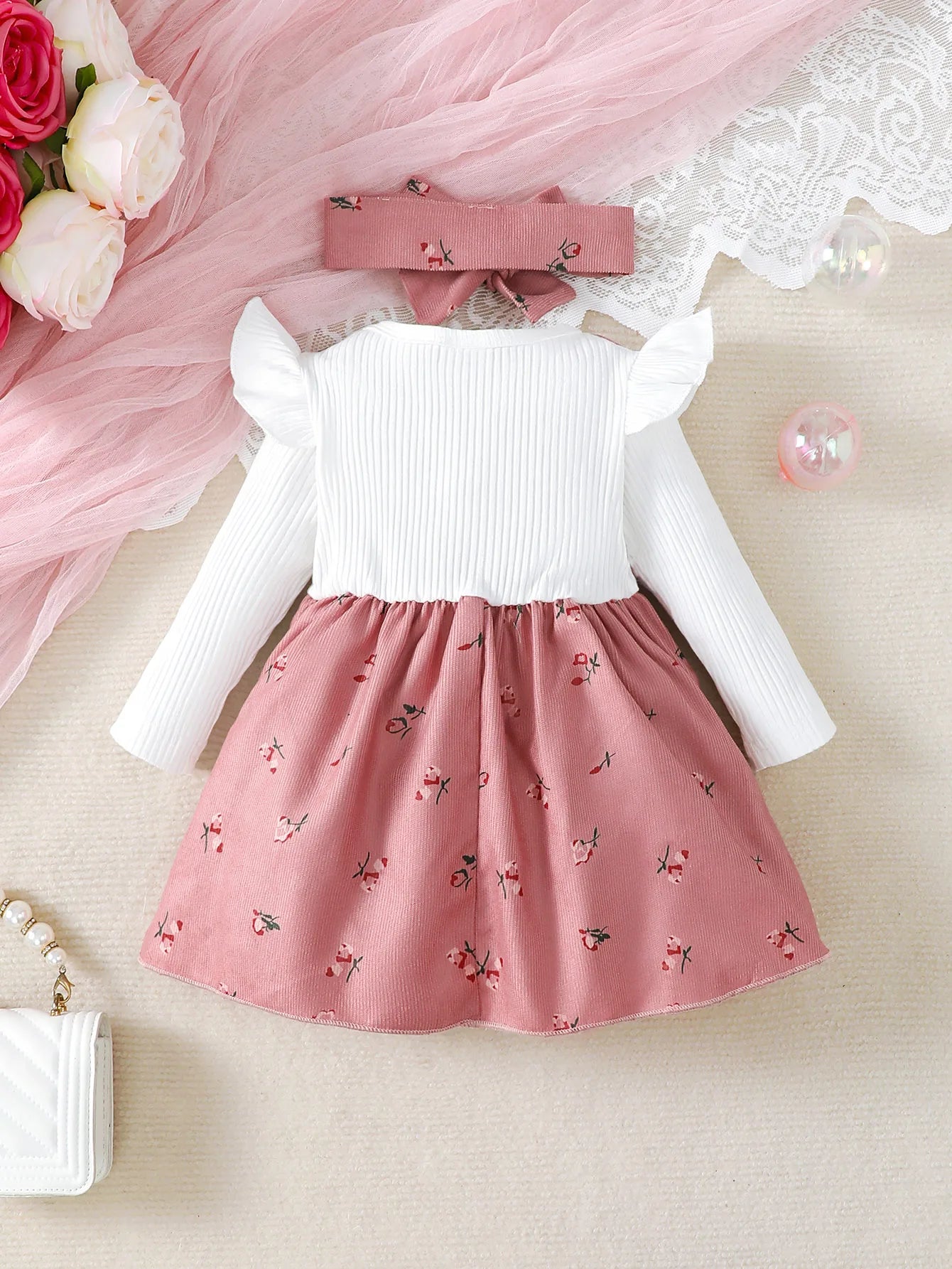 Children's Baby Girl Dress Set 2pc Color Blocking Floral Print with Big Bow Princess Knee-Length Dress And Matching Headband for 0-24 Months.