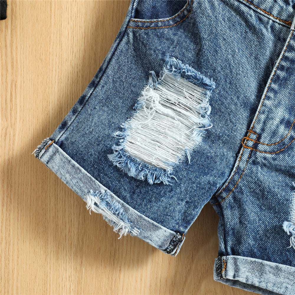 Infant Baby Toddler Boys Summer Outfit Set Round Neck Sleeveless Letter Print Tank Tops with Ripped Denim Shorts 3M-3T