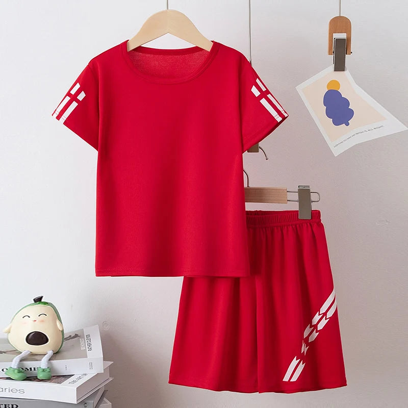 2 Pieces Children's Summer Solid Color Quick Drying Breathable Set Boys' Sports Running Is A Comfortable Top Girls' Loose Shorts