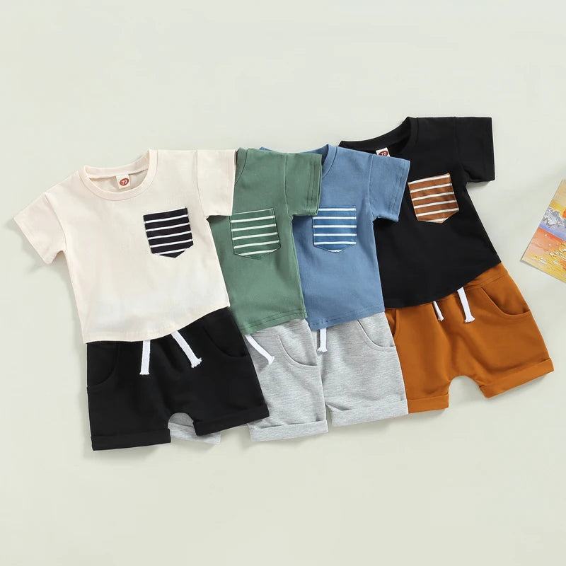 2023-01-10 Lioraitiin 0-3Years Baby Boys 2Pcs Shorts Set Short Sleeve Crew Neck Stripes T-shirt with Elastic Waist Shorts