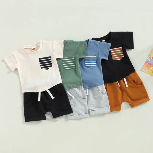 2023-01-10 Lioraitiin 0-3Years Baby Boys 2Pcs Shorts Set Short Sleeve Crew Neck Stripes T-shirt with Elastic Waist Shorts