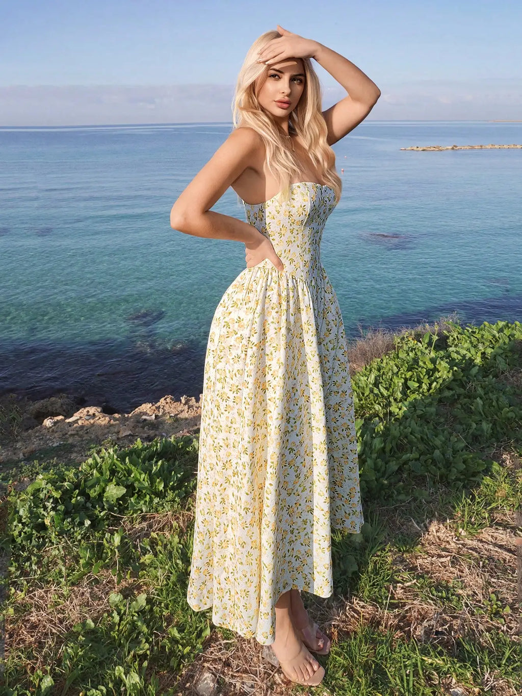 Sweetina Spring And Summer Graduation Yellow Vacation Casual Ditsy Floral Spaghetti Strap Flowy Sundress Dress,Easter
