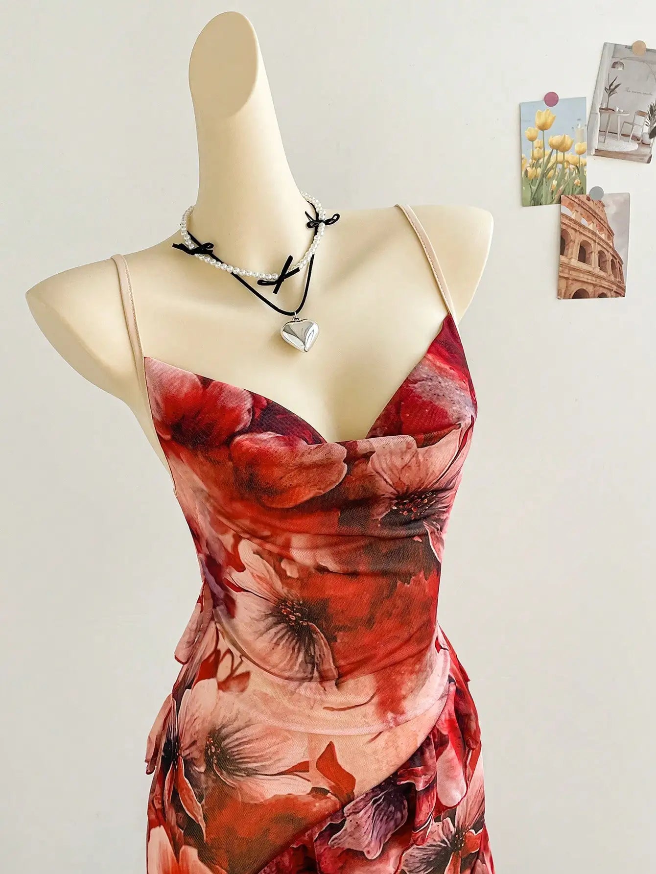 Soleia Women's Colorful Vintage Floral Print Draped Neck Layered Ruffle Hem Maxi Dress, Vacation Style Elegant Dress Women,