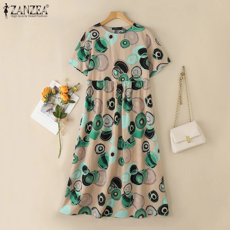 ZANZEA Short Sleeve Printing Maxi Dresses Casual Vacation Woman Bohemian A-line Robes Femme 2025 Summer Loose O-Neck Long Dress