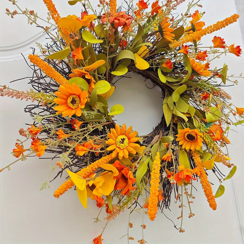 17.7" Fall Wreath for Front Door Orange Farmhouse Harvest Sunflower Wreath with Daisy Flowers Thanksgiving Wreath for Front Door