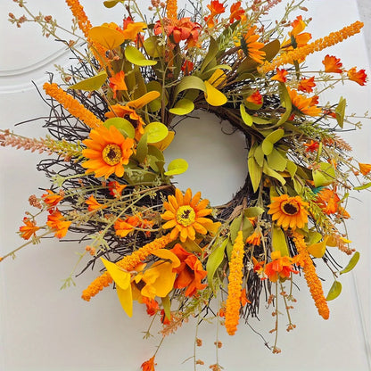 17.7" Fall Wreath for Front Door Orange Farmhouse Harvest Sunflower Wreath with Daisy Flowers Thanksgiving Wreath for Front Door