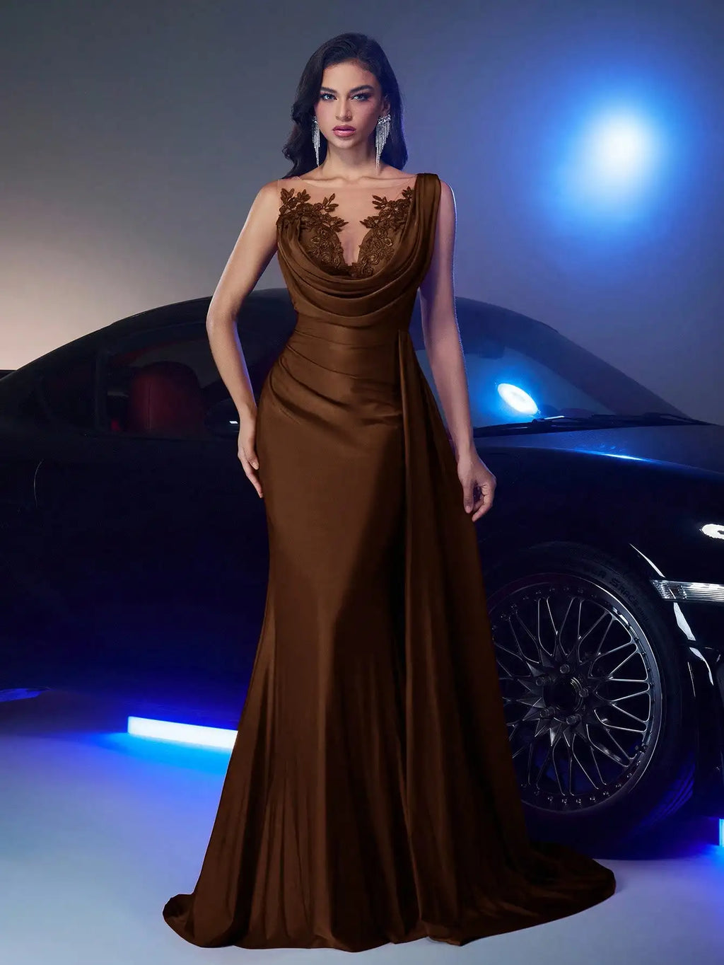 Burgundy Red Evening Dress with Floral Lace Applique and Draped Asymmetrical Hem