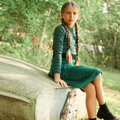 AA-Velour and striped layered set kids clothes sibling matching girl dress boys top baby romper v neck children family matching