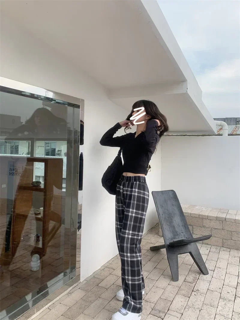 2025 Fashion Warm Plush Pants Cashmere Thick Plaid Ladies Winter Casual Loose Wide-legged Pants Korean Streetwear Students