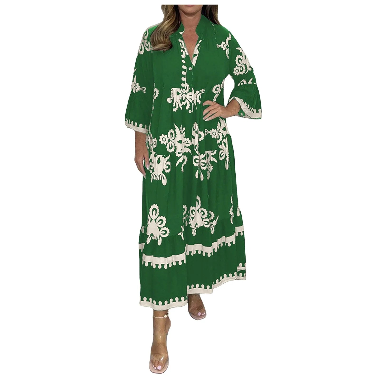 Casual Long Dresses Womens Summer Retro V Neck Print Long Sleeve Dresses Elegant High Quality Party Formal Vestidos Women