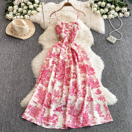 2025 New Summer Pink/Purple Flower Print Romantic Retro Party Dress Elastic High Waist Vacation Long Dress Beach Vestido