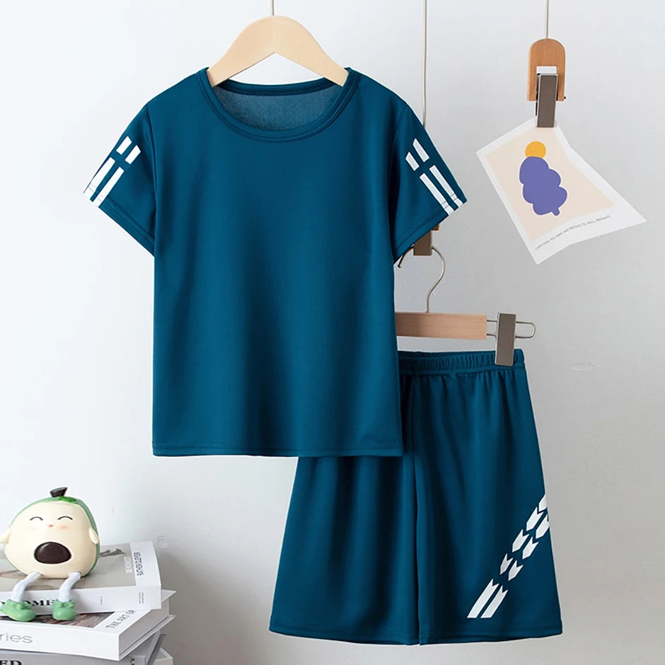 2 Pieces Children's Summer Solid Color Quick Drying Breathable Set Boys' Sports Running Is A Comfortable Top Girls' Loose Shorts