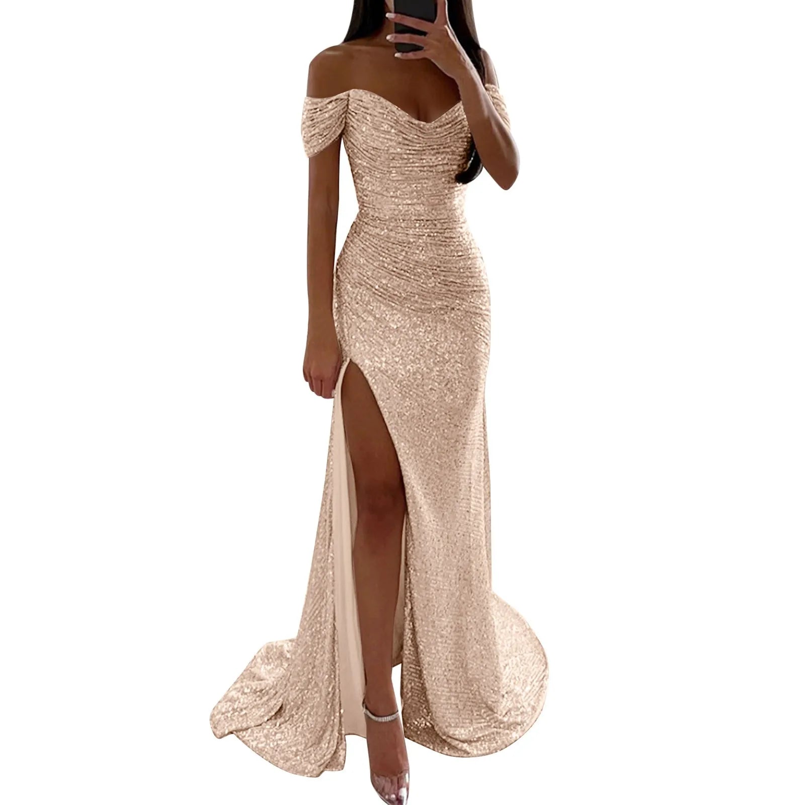Women's Off Shoulder Prom Dresses Sexy Sequins Sleeveless Solid Floor Length Dress Elegant Bridesmaid Evening Dress Prom Gowns