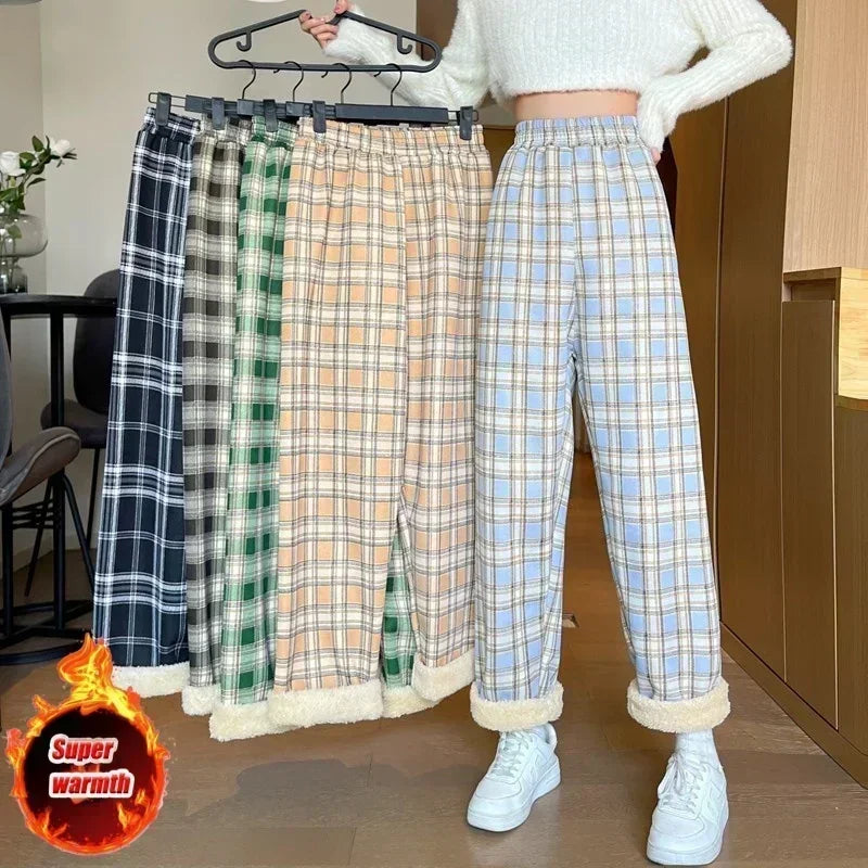 2025 Fashion Warm Plush Pants Cashmere Thick Plaid Ladies Winter Casual Loose Wide-legged Pants Korean Streetwear Students