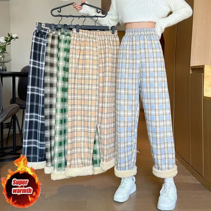 2025 Fashion Warm Plush Pants Cashmere Thick Plaid Ladies Winter Casual Loose Wide-legged Pants Korean Streetwear Students