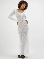 Women s Long  Fit Dress Long Sleeve V Neck Tie Up Knitted Crochet Beach Dresses