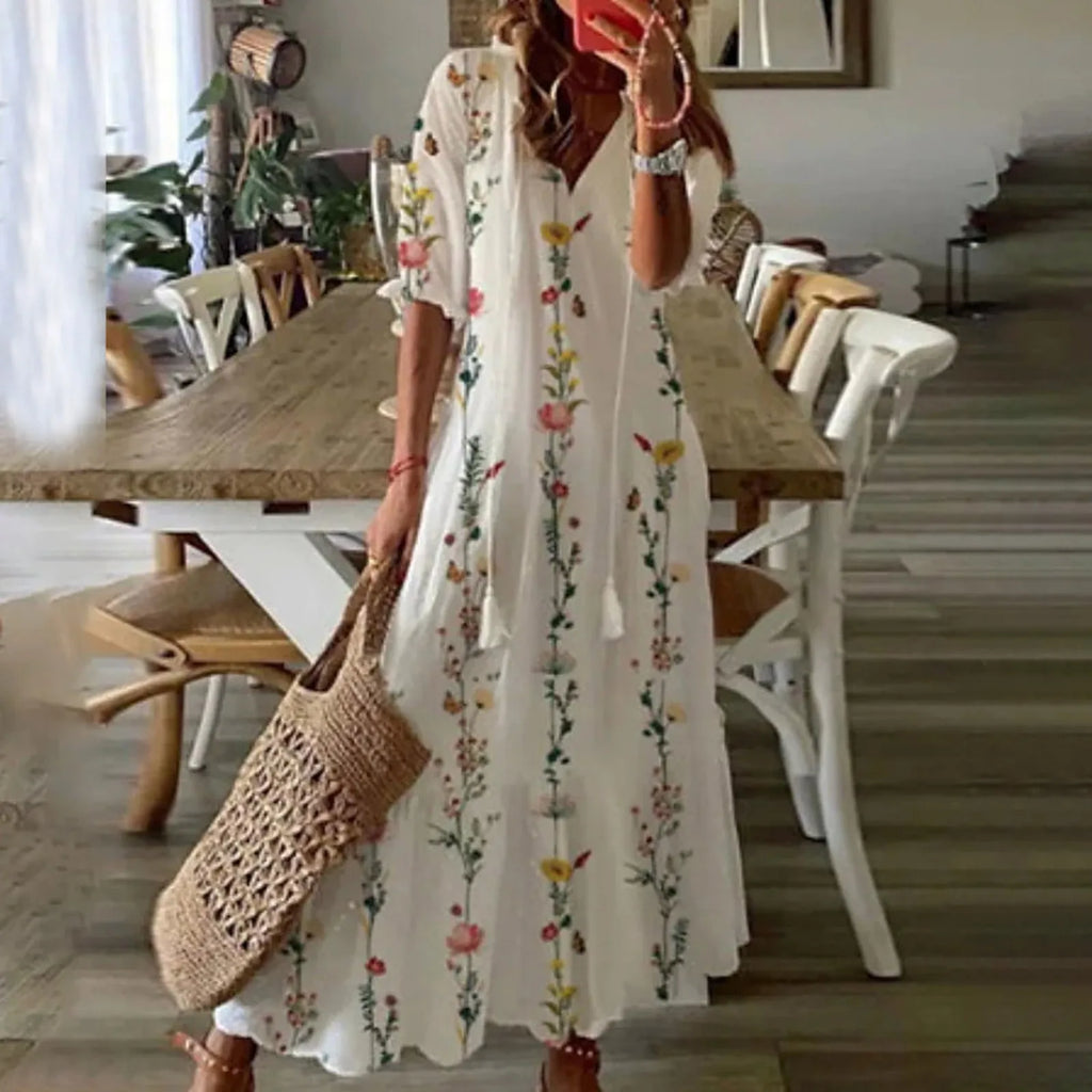 Women Dresses Casual Loose Comfortable Plus Size Dress With Tassels Bohemian Printed V Neck Long Length Woman Vestidosct