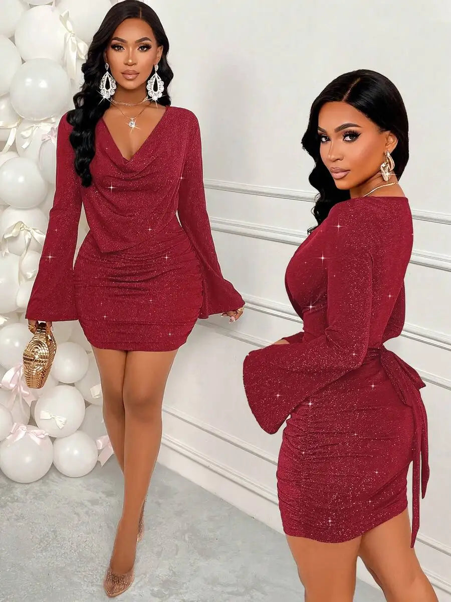 Sparkly Brown V-Neck Ruched Mini Dress with Flare Sleeves and Tie Waist