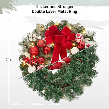 24 In Pre-Lit Christmas Wreath Battery Operated Lighted Xmas Door Wreath With Ball Ornaments For Christmas Door Fireplace Decor