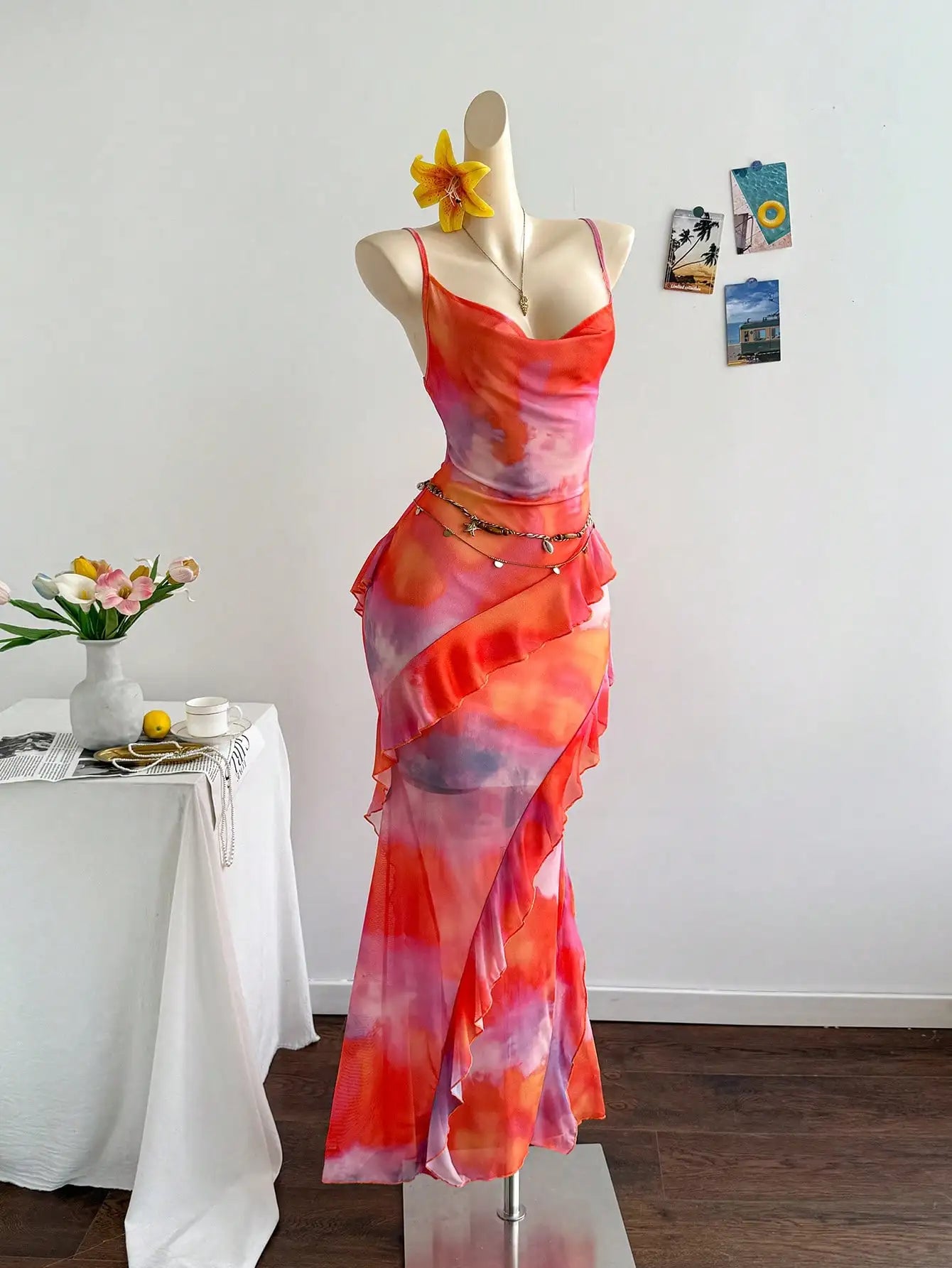 Soleia Women's Colorful Vintage Floral Print Draped Neck Layered Ruffle Hem Maxi Dress, Vacation Style Elegant Dress Women,