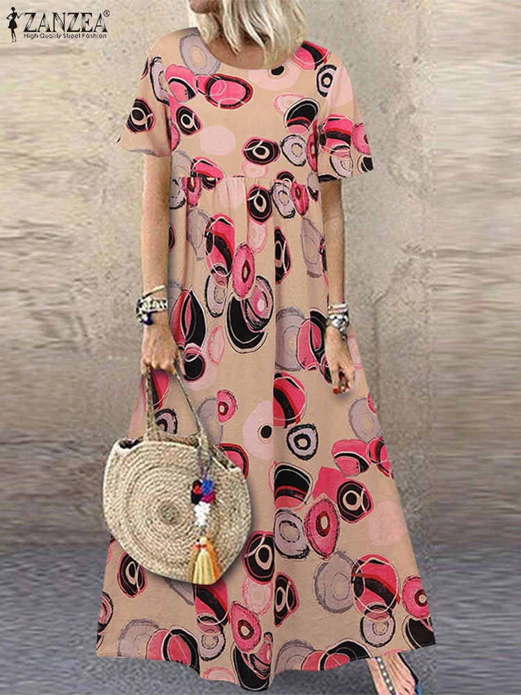 ZANZEA Short Sleeve Printing Maxi Dresses Casual Vacation Woman Bohemian A-line Robes Femme 2025 Summer Loose O-Neck Long Dress