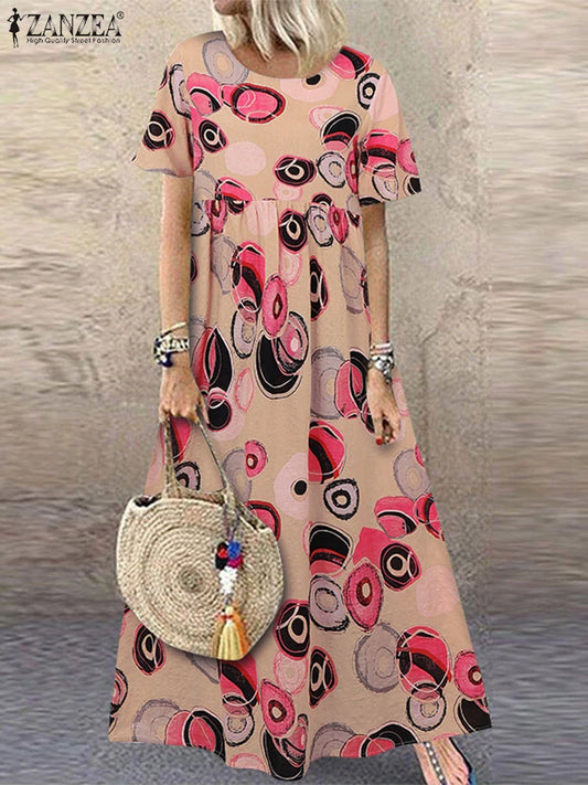 ZANZEA Short Sleeve Printing Maxi Dresses Casual Vacation Woman Bohemian A-line Robes Femme 2025 Summer Loose O-Neck Long Dress