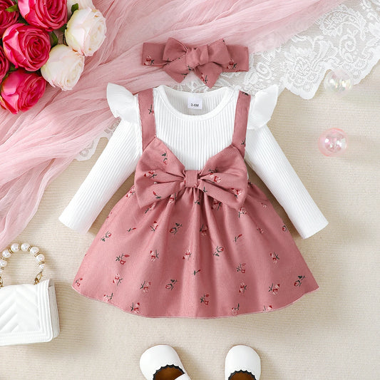 Children's Baby Girl Dress Set 2pc Color Blocking Floral Print with Big Bow Princess Knee-Length Dress And Matching Headband for 0-24 Months.