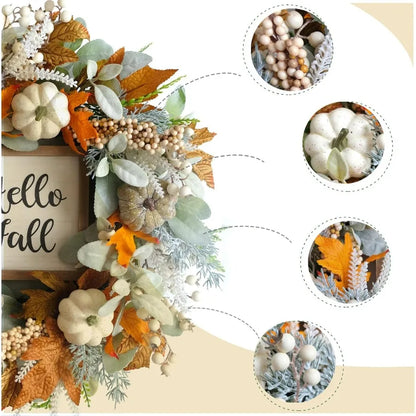 20inch Thanksgiving Fall Wreath with Eucalyptus Berries Pumpkins Lamb Ears Leaves for Front Door Porch Wall Home Outdoor Holida