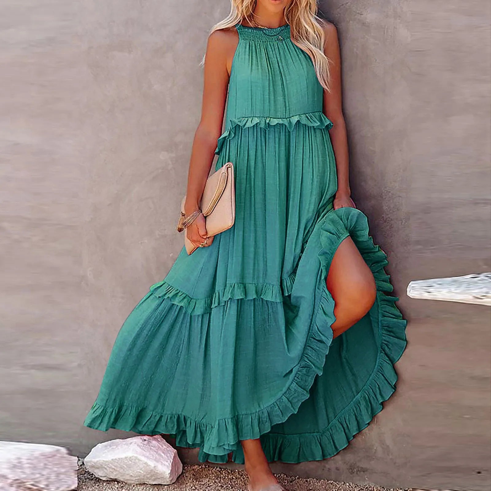 Women Casual Ruffles Long Dress Summer Elegant Sleeveless Sundress Elegant Harajuku Maxi Dress Beach Party Evening Vestidos
