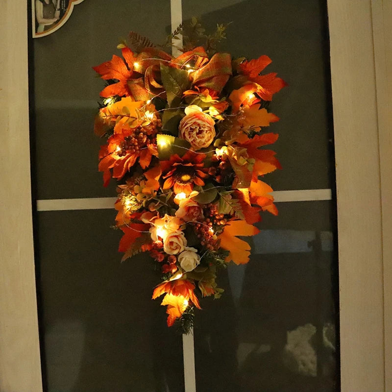 Thanksgiving Door Decorations Fall Wreath Artificial Garland With Peony Berries Maple Sunflower Leaves Harvest Party Pendant