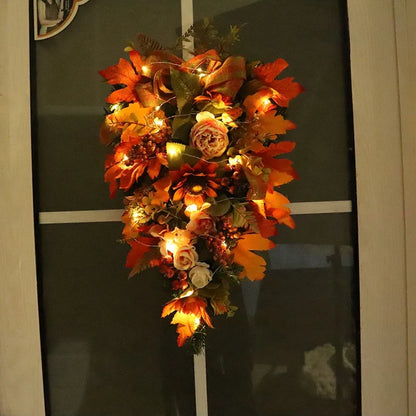 Thanksgiving Door Decorations Fall Wreath Artificial Garland With Peony Berries Maple Sunflower Leaves Harvest Party Pendant