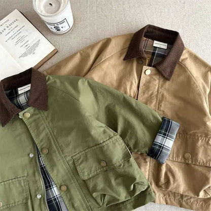 2025  Spring Autumn Kids Boys Jacket Plaid Spliced Pocket Long Sleeve Toddler Boys Outerwears Coat Children Boys Jacket