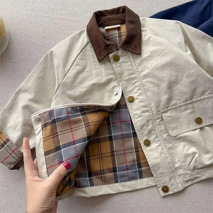 2025  Spring Autumn Kids Boys Jacket Plaid Spliced Pocket Long Sleeve Toddler Boys Outerwears Coat Children Boys Jacket