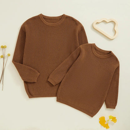 Suefunskry 1PC Mommy and Me Matching Sweaters Solid Color Knitted Long Sleeve Round Neck Warm Pullover Tops for Autumn Winter