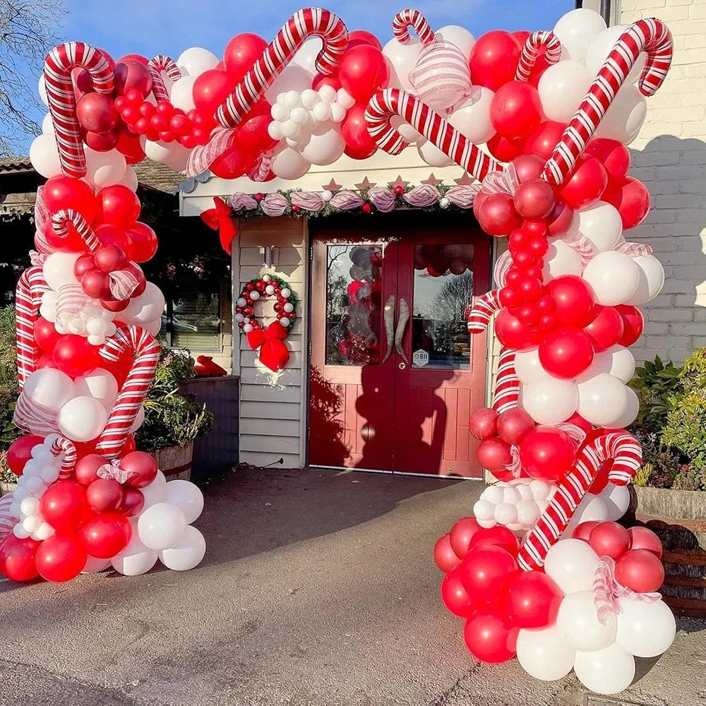 Christmas Balloons Garland Kit White Red Confetti Balloon Arch Christmas Candy Cane Foil Balloon Decoration Xmas New Year Party