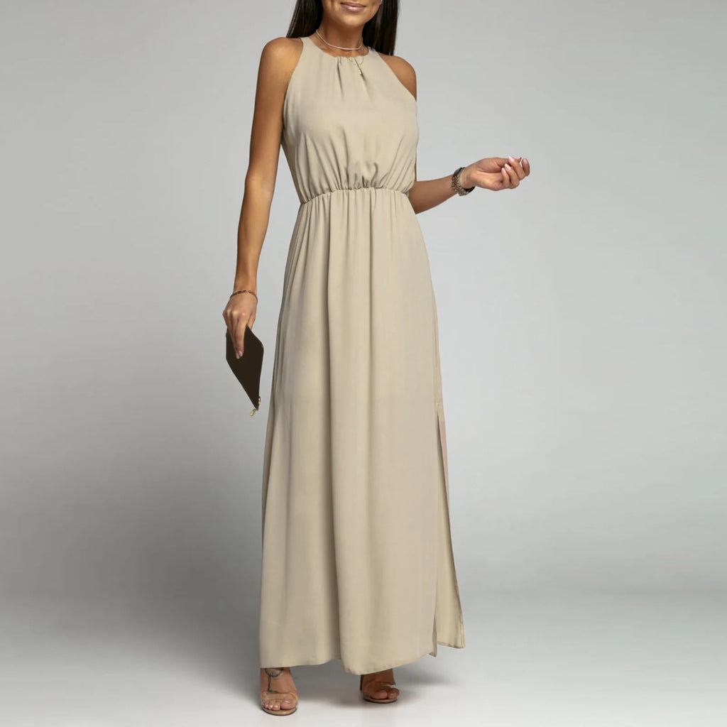 Women's Dressy Casual Long Dress Solid Color Sleeveless High Round Neck Side Slit Full-Length Dress Elegant Simple Party Dress