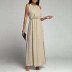 Women's Dressy Casual Long Dress Solid Color Sleeveless High Round Neck Side Slit Full-Length Dress Elegant Simple Party Dress