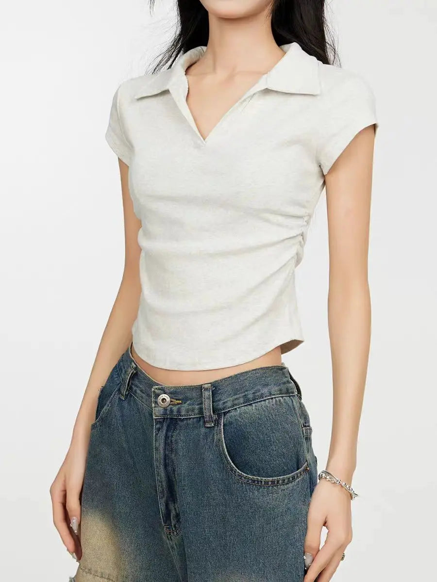 Cotton Summer Sexy Women's T Shirt Skinny Slim Basic Solid Crop Top Short Sleeve Polo TShirtCasual Top Tee for Women
