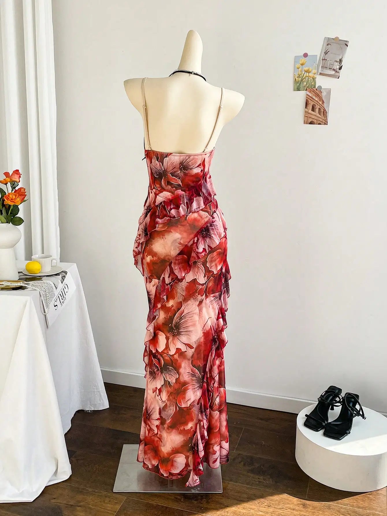 Soleia Women's Colorful Vintage Floral Print Draped Neck Layered Ruffle Hem Maxi Dress, Vacation Style Elegant Dress Women,