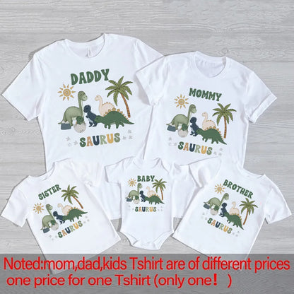 Cartoon Dinosaur Print Family Matching Outfits Tops Boy Birthday Party Family Look T-shirt Dad Mom Bro Sis Tee Shirt Baby Romper